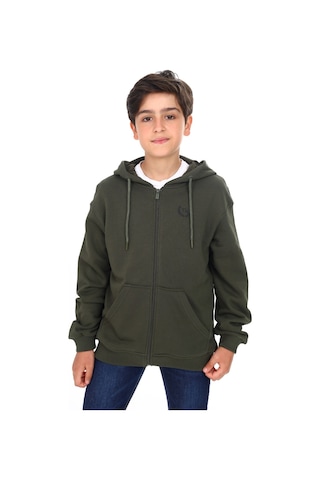 Toontoy Kids Toontoy Erkek Çocuk Kapüşonlu Fermuarlı Cepli Düşük Omuz Baskılı Örme Hırka - 3 İplik Şardonsuz Haki