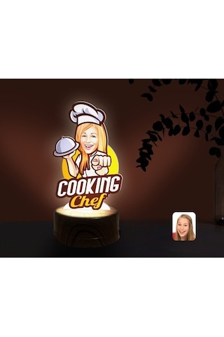 Kişiye Özel Kadın Chef Karikatürlü Dekoratif 3D Biblo Led Işıklı (481501222)