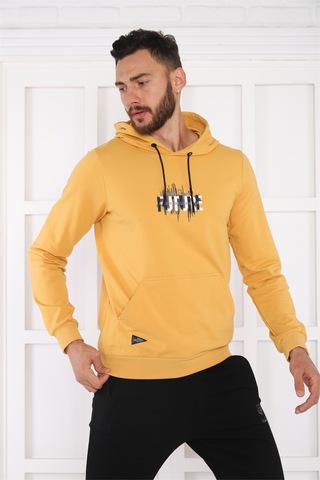 Escetic Spor Erkek Hardal Cepli, Kapüşonlu Sweatshirt-4169 Hardal