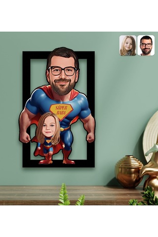 Bk Gift Kişiye Özel Süper Baba-çocuk Karikatürlü 3d Ahşap Tablo-2, Babalar Günü Hediyesi, Babaya Hediye Kobitmeyencom31594 Bk