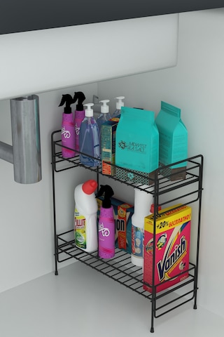 2 Katlı Evye Tezgah Altı Raf Banyo Mutfak Dolabı Çok Amaçlı Düzenleyici Deterjanlık Organizer 35x15 Siyah