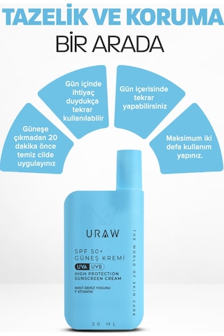 Uraw Deniz Yosunu Özlü Nemlendirici ve Ton Eşitleyici Güneş Kremi SPF50+ 50 ML