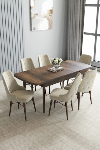 Zümra Serisi, Barok Ahşap Desen 80x132 Açılabilir Mdf Mutfak Masası Takımı 6 Adet Sandalye, Krem