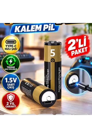 Aa Usb Şarjlı Lityum Pil 1.5v Sabit Çıkış Type-c Hızlı Şarj 2 Li Paket