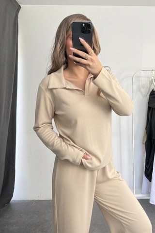 Balenbi Kadın Modal Kumaş Polo Yaka Uzun Kollu Takım 1126 Bej