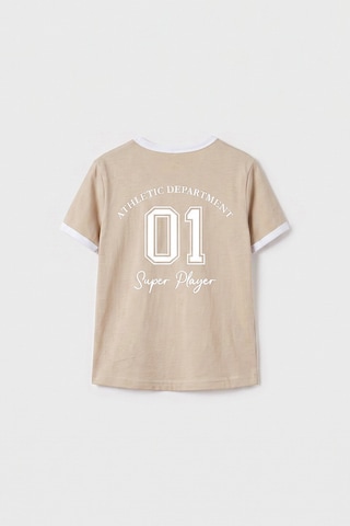 Bej Omuz Biye Detaylı Baskılı Kız Çocuk T-shirt - 75181