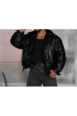 Famoda Erkek Oversize Vintage Siyah Deri Ceket Siyah