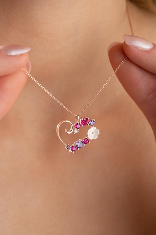 Nereze 925 Ayar Gümüş Manolya Çiçeği Renkli Taşlı Kalp Kolye