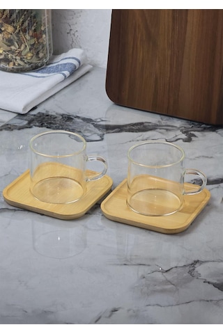 6lı Kahve Fincan Takımı - Bambu Tabaklı Kahve Fincan Seti - 12 Parça - 100 Ml Şeffaf