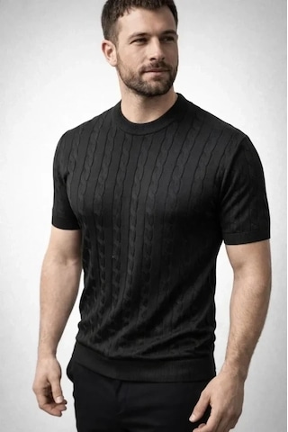Vexor Erkek Yazlık Triko Dokuma Tişört Kısa Kol Bisiklet Yaka Örgü Desenli T-shirt - Siyah