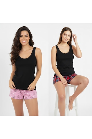 Bonbon Kadın Pamuklu Süs Dantelli 2 Takım 4 Parça Kalın Askılı Atlet Ve Şortlu 2'li Takım Bb2341 Siyah