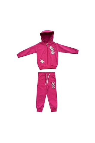 Kız Çocuk Pamuklu Önden Fermuarlı Kapüşonlu İşlemeli Eşofman Takımı-15114 Fuşya