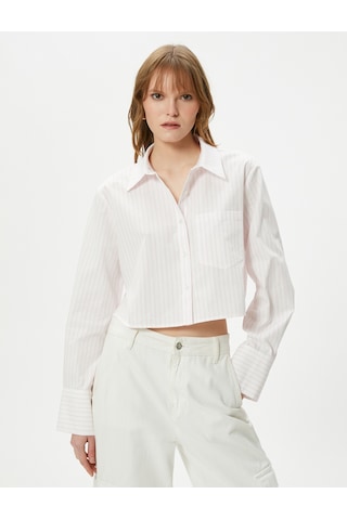 Koton Crop Gömlek Uzun Kollu Cep Detaylı Düğmeli Klasik Yaka Pınk Strıpe 4sak60214pw 4SAK60214PW2S5 Pembe