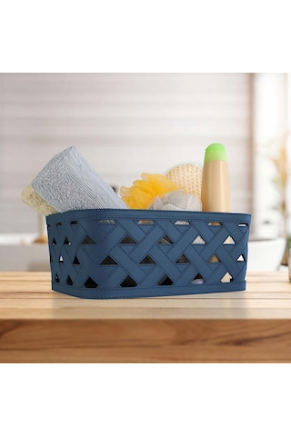 Deri Desenli Özel Tasarım Çok Amaçlı Düzenleyici Dekoratif Sepet - Mavi Mavi