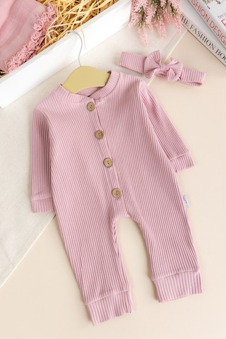 Babymod Fitilli Düğme İliklemeli Saç Bandlı Pamuklu Kız Bebek Tulum Set Pembe