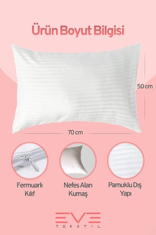 Eve Tekstil 2 Adet Çizgili Saten Fermuarlı Antialerjik Yıkanabilir Silikon Elyaf Yüksek Dolgulu Yastık 900 Gr Beyaz