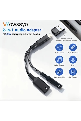 Wowssyo 2'si 1 Arada Type-c To 3.5mm+60w Hızlı Şarj Ve Kulaklık Çevirici+usb Dönüştürücü Hi-fi Ses Ce Lisanslı Sertifikalı Hasır Örgülü Sağlam Kablo 1 Adet