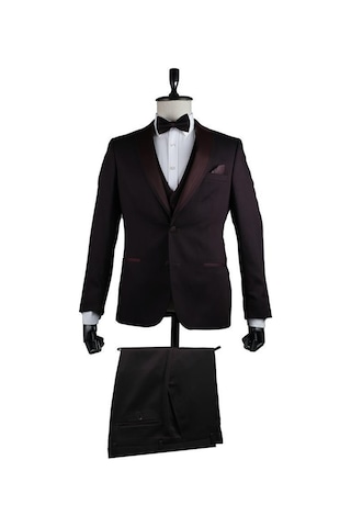 İmza Bordo Desenli Armürlü Mono Yaka Astarlı Yelekli 6 Drop Slim Fit Dar Kesim Smokin Damatlık 1001200937-Bordo