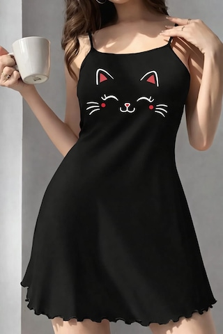 Sebalma Fashion Kadın Siyah İp Askılı Penye Gecelik Kedi Baskılı Siyah