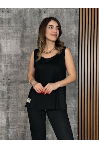 Ahes Shopping Kadın Askılı Yuvarlak Yaka Viskon Iki Iplik Bluz Ve Eşofman Altı Ikili Takım Siyah