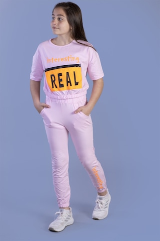 Toontoy Kız Çocuk Crop Model Cep Detaylı Baskılı Eşofman Takımı Pembe