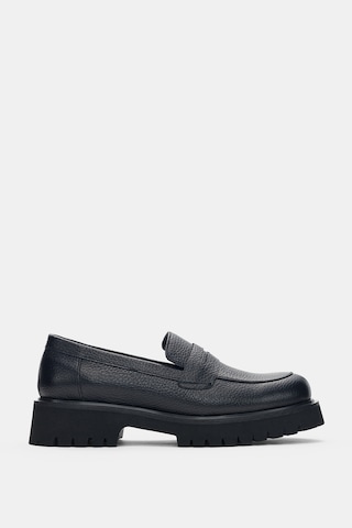 Lorian Hakiki Deri Ön Çizgi Aksesuar Kadın Loafer- Siyah