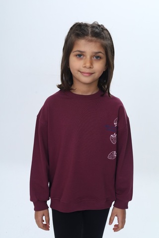 Kız Çocuk Relax Fit Bisiklet Yaka Düşük Omuz Baskılı Sweatshirt Mor
