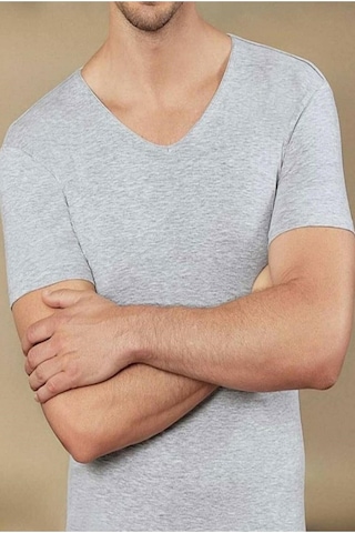 Hmd 712 Derin V Yaka Kısa Kollu Likralı T-shirt - Gri Gri