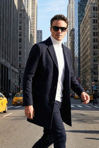 Buratti Slim Fit Tek Yırtmaçlı Düğmeli Mono Yaka Kaşe Erkek Kaban 5840098 Lacivert