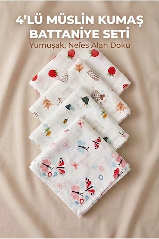 Müslin Kumaş Bebek Battaniyesi 80x90 CM Karışık Desenli Günlük Kullanım Çok Amaçlı Desenli 4'lü