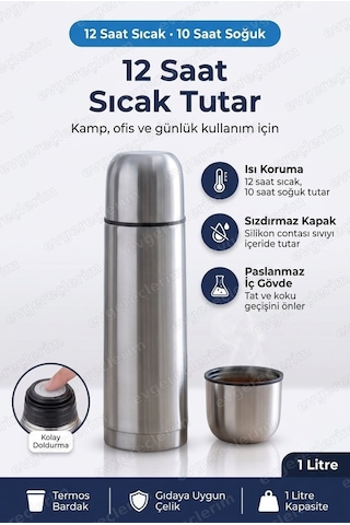Sıcak Tutan 1 Litre Çelik Termos Kamp Piknik Seyahat Ve Ofis Kullanımı Gri