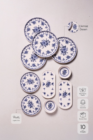 Antik Mavi 10 Parça 4 Kişilik Kahvaltı Takımı Cokrenklı Mavi