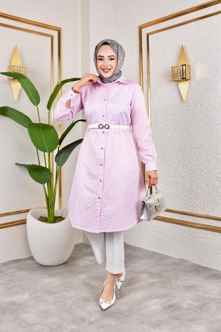 Harmatime Kemerli Çizgili Keten Gömlek Pembe