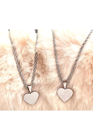 Gns Aksesuar Kalın Burgu Halat Zincir Kalp Detaylı Sevgili Kolye Seti Gümüş