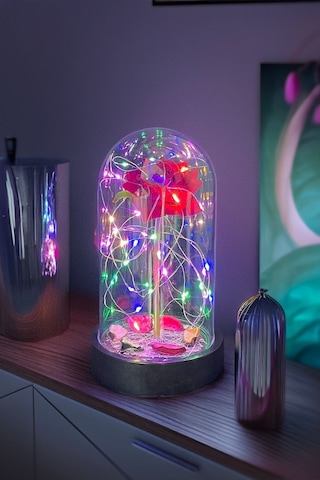 Anneler Gününe Özel Kırmızı Gül Rgb Fanus Lamba Usb'li Yapay Çiçek Dekoratif Aydınlatma Hediyelik