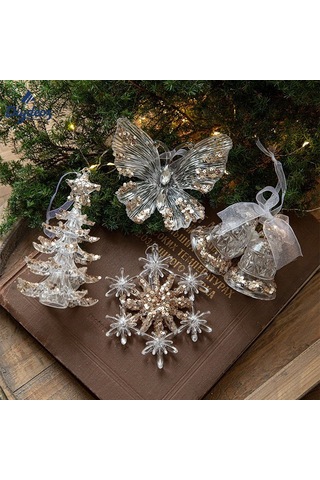 Geeksen Noel Açık Akrilik Yıldız Askılı Dekorasyonu - Parlak Yamaçlı Çift Zilli Ağaç Süs Eşyası