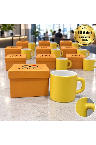 Logonuza Özel 10 Adet Renkli Kutulu 300 Ml Kupa Bardak Kurumsal Promosyon Hediye Seti 3 Renk Sarı