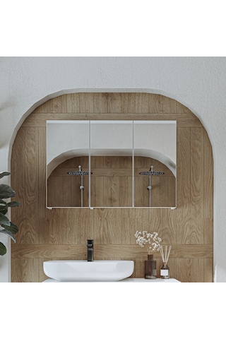 Banyo Dolabı Kulpsuz 3 Kapaklı Mdf 90 Cm Aynalı Banyo Üst Dolabı Mat Beyaz