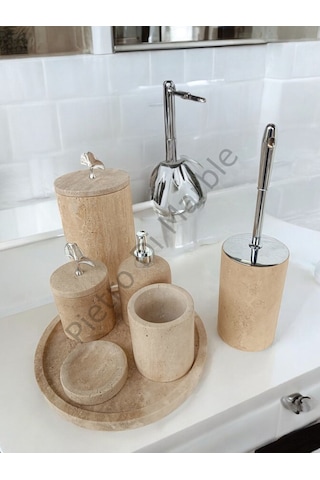 Sarı Traverten Klasik Model 7 Parça Gümüş Renk Japon Gülü Aksesuarlı Banyo Seti Sarı Traverten
