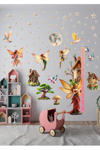 Peri Temalı Boy Ölçerli Duvar Sticker Seti - Mat, Sökülebilir, Çocuk Odası Dekoru 01