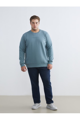 Lcwaıkıkı Classic İndigo Büyük Beden Bisiklet Yaka Baskılı Kalın Erkek Sweatshirt