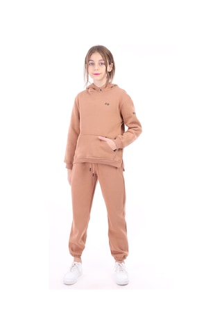 Kız Çocuk Oversize Kapüşonlu Cepli Nakış Baskılı Yırtmaçlı Sweatshirt - 3 İplik Şardonlu Kahverengi