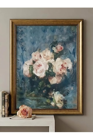 Gold Çerçeveli Vintage Büyük Boy Yağlı Boya Dokulu Tablo 50x70 Resim Ölçüsü 60x80 Çerçeve Klasik Gül Sanat Eseri Dekoratif Salon Duvar Tablosu