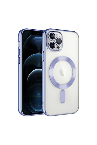 Apple Uyumlu iPhone 11 Pro Mag Safe Özellikli Lens Korumalı Logo Gösteren Şeffaf Silikon Kapak - Lila