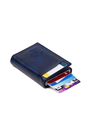 Tuldar Erkek Rfıd Otomatik Çekim Koruyucu Mekanizmalı Kağıt Para Bölmeli Hediyelik Kartlık Cüzdan Tul601 - Lacivert