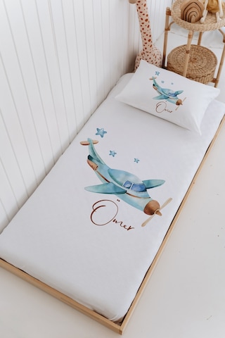 İsme Özel %100 Pamuk Bebek Ve Çocuk Tek Kişilik 165 X 225 Cm Pike Takımı-uçak Beyaz