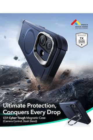 Esr Apple Uyumlu iPhone 17 Cyber Tough Manyetik Kılıf Kamera Kontrol Özellikli Stantlı Lacivert