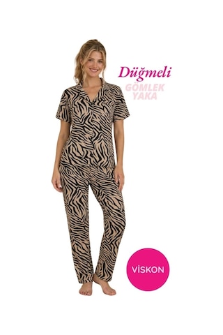 Seamlife Desenli Kadın Boydan Önden Düğmeli Gömlek Yaka Saten Biyeli Göğüs Cepli Viskon Kısa Kol Pijama Takımı Zebra