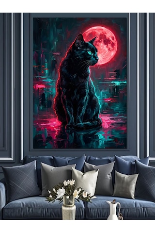 Dolunay Altında Neon Kara Kedi Dekoratif Kanvas - Mdf Ahşap Tablo
