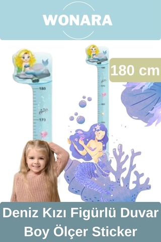 Özel Üretim Çocuk İçin Deniz Kız Figürlü Çift Taraflı Yapışkanlı Silinebilir Duvar Boy Ölçer Sticker